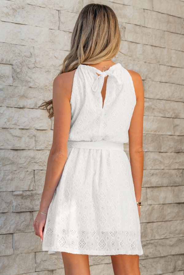 White Lace Sleeveless Knot Hollow Out Back Tied Waist Mini Dress - Image 2