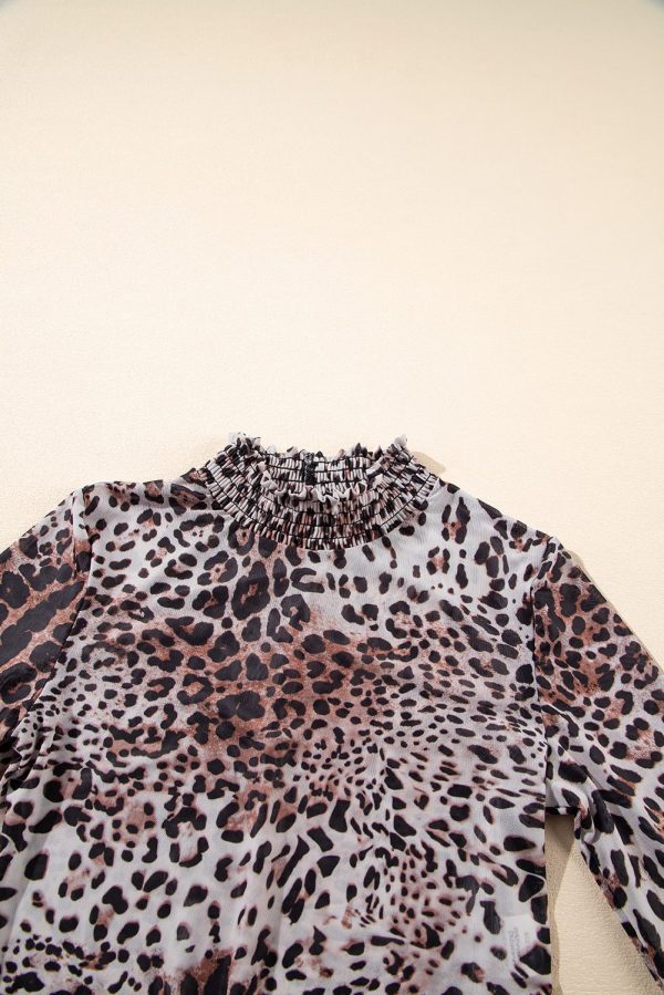 Brown Leopard Smocked Neck Mesh Long Sleeve Bodysuit - Image 9