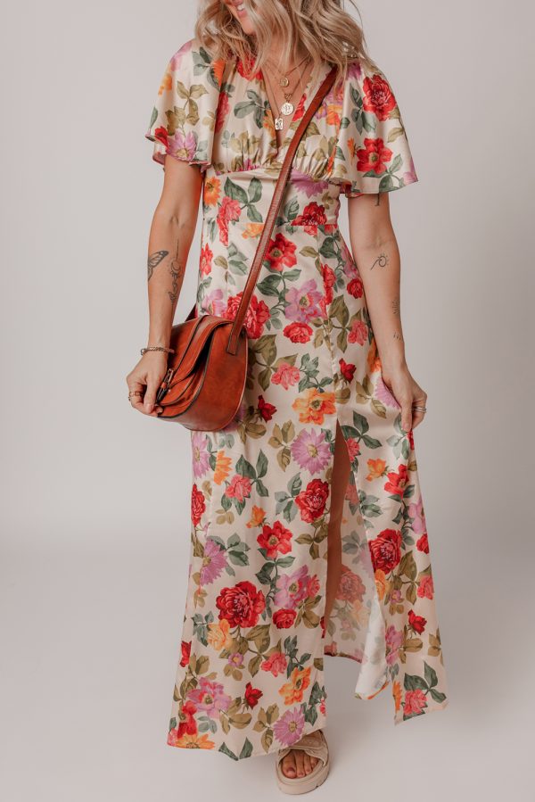 Multicolour Vintage Floral V Neck Short Sleeve Tie Back Long Slit Dress - Image 4