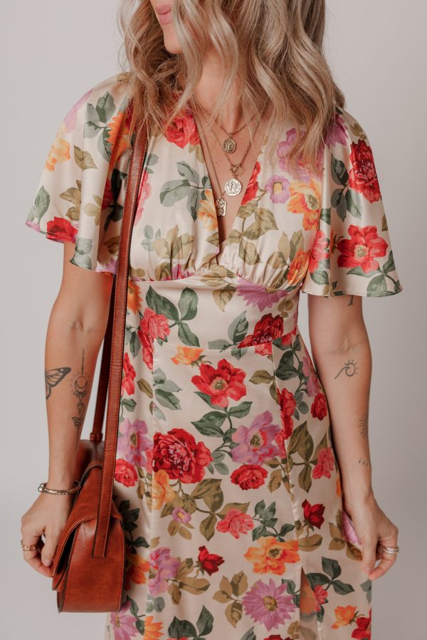 Multicolour Vintage Floral V Neck Short Sleeve Tie Back Long Slit Dress - Image 3