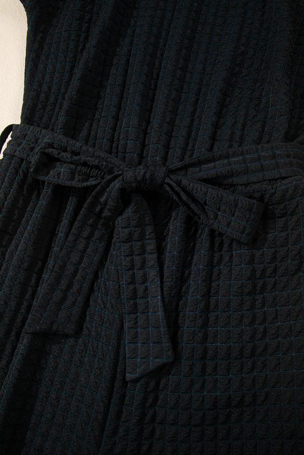 Black Checkered Mesh One Shoulder Short Sleeve Knotted Waist Jumpsuit - Image 10