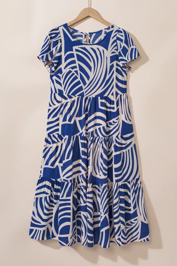 Sky Blue Boho Printed Short Sleeve Flare Tiered Dress - Image 4