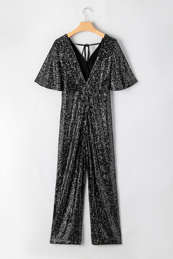 Black Sequin V Neck Flutter Sleeve Wide Leg Jumpsuit - Image 4