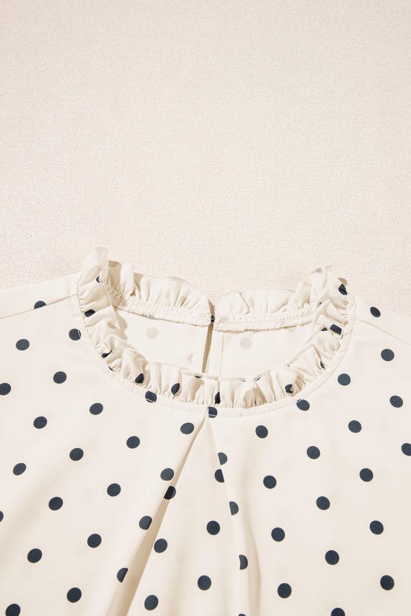 Apricot Polka Dot Print Frilled Collar Lantern Sleeve Blouse - Image 10