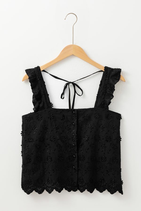 Black Floral Embroidered Buttoned Square Neck Tank Top - Image 4