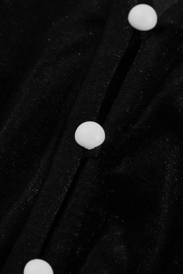 Black Velvet Buttoned Puff Sleeve V Neck Split Midi Dress - Image 9