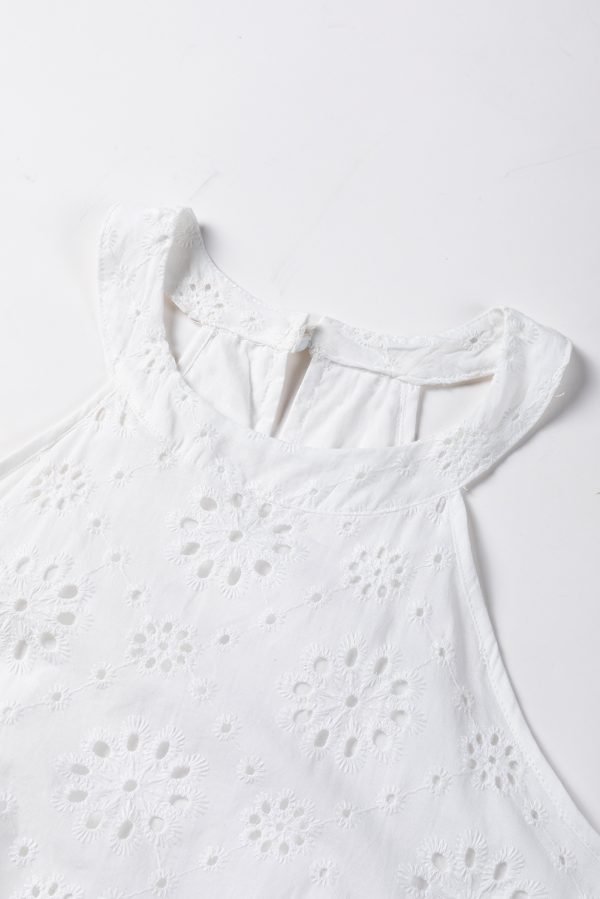 White Boho Eyelet Pattern Halter Neck Sleeveless Dress - Image 10
