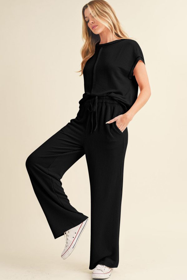Navy Blue Solid Color Corded Short Sleeve Top and Casual Pants Set - Image 9
