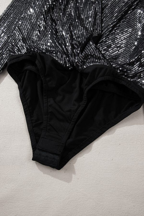 Black Sequin Mesh Long Sleeve Surplice Neck Bodysuit - Image 10