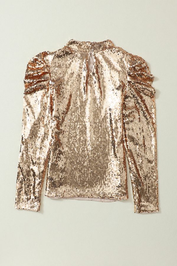 Apricot Sequin Mock Neck Bubble Sleeve Top - Image 6