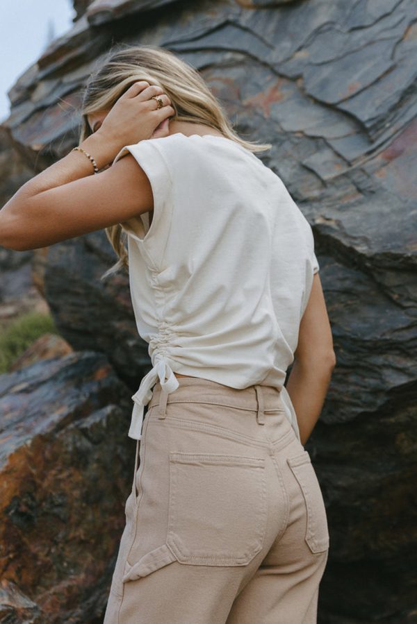 White Side Drawstring Short Sleeve Crew Neck Top - Image 2
