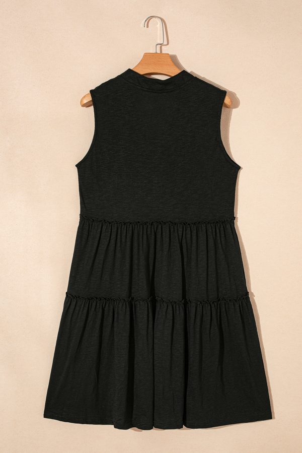 Black Split V Neck Tiered Flowy Sleeveless Dress - Image 8