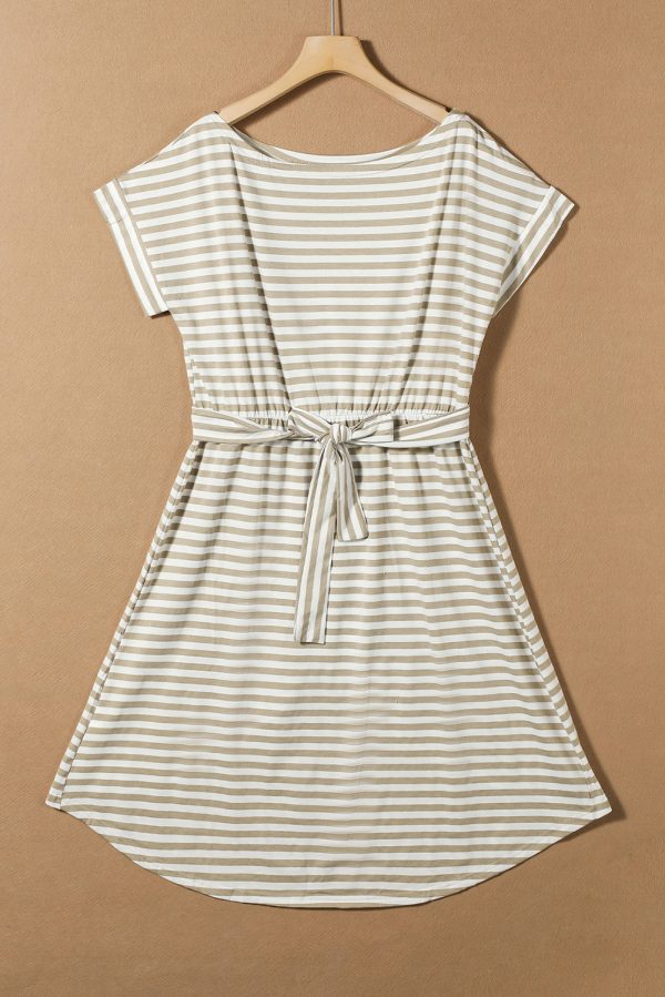 Khaki Stripe Short Sleeve Belted Wrapped Hemline T-Shirt Dress - Image 6