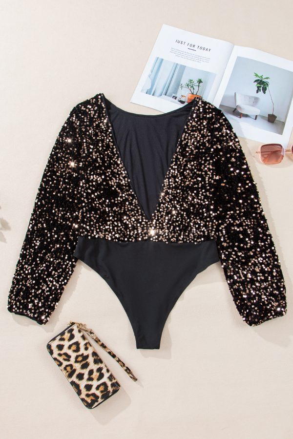 Black Deep V Back Sequin Puff Sleeve Bodysuit - Image 5