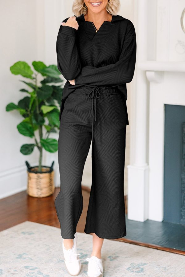 Light Grey Solid Textured Collared V Neck Top and Wide Leg Pants Set - Image 14
