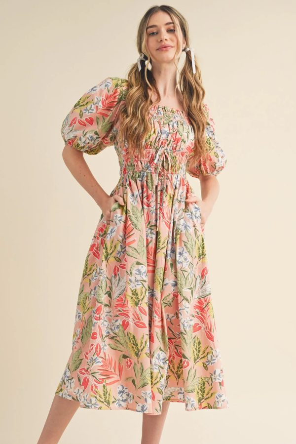 Apricot Pink Floral Smocked Bust Bubble Short Sleeve Maxi Dress - Image 4