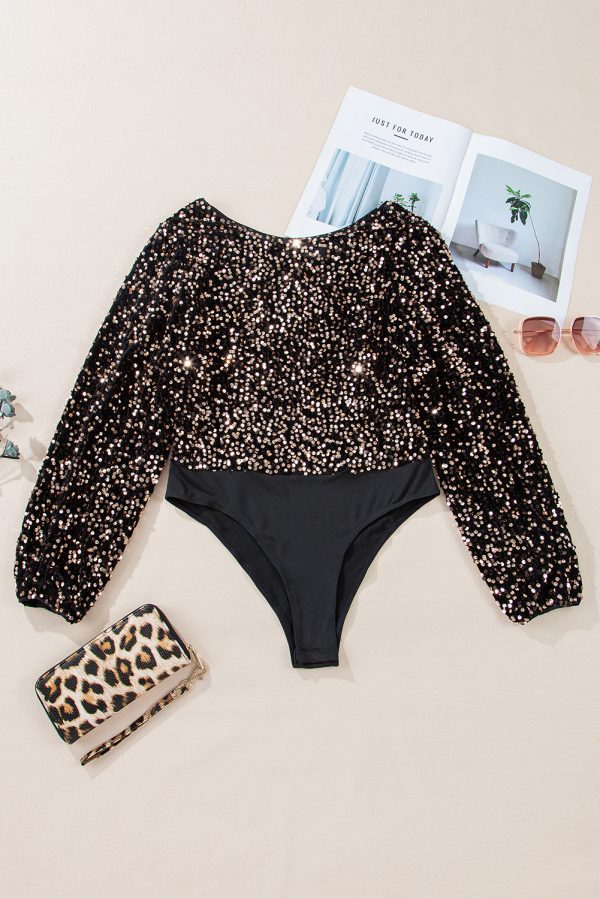 Black Deep V Back Sequin Puff Sleeve Bodysuit - Image 6