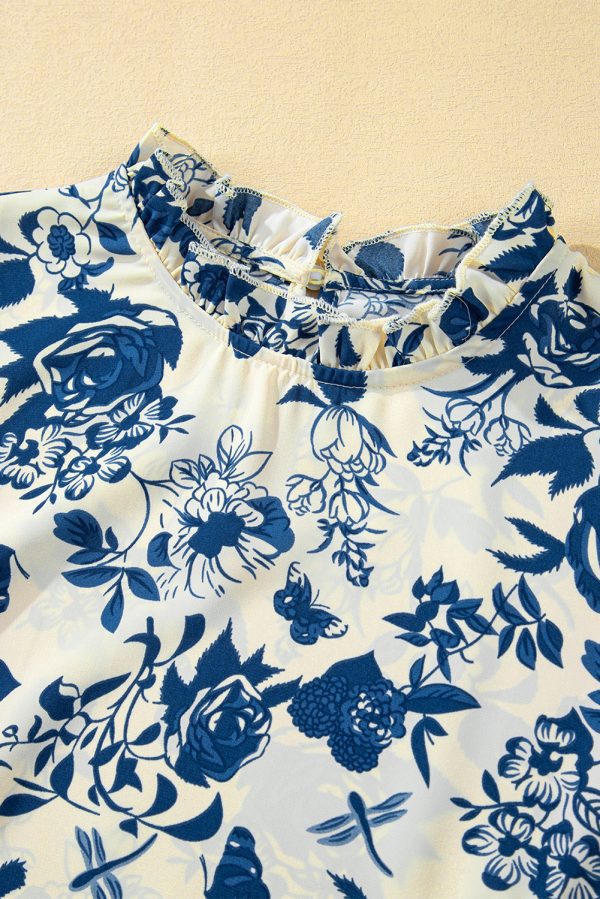 Sky Blue Floral Print Flounce Sleeve Keyhole Back Blouse - Image 8