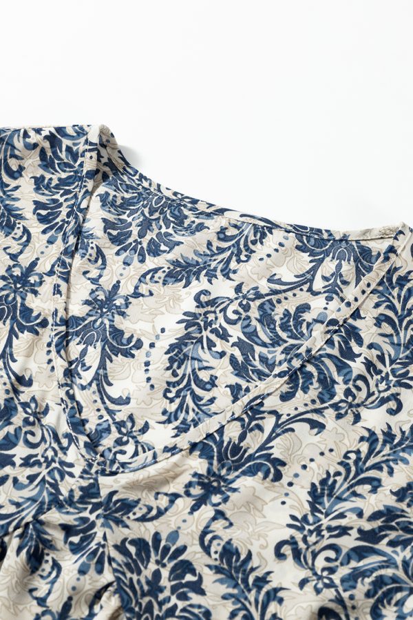 Sky Blue Vintage Printed Lace Trim V Neck 3/4 Sleeve Loose Dress - Image 8