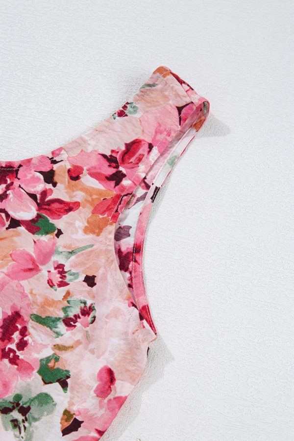 Pink Floral Round Neck Twisted Cut Out Back Tank Top - Image 12
