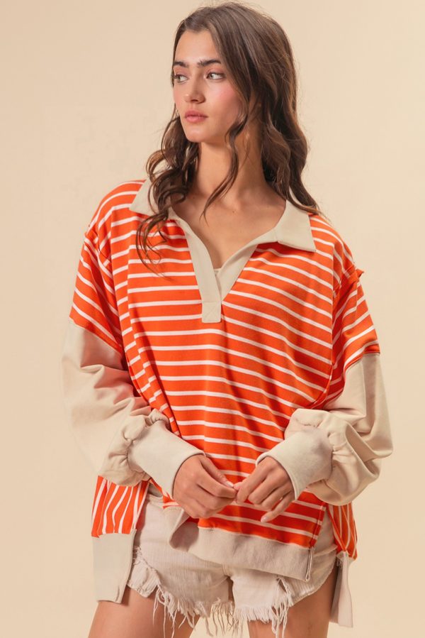 Orange Stripe Color Block Loose Fit Collared Drop Shoulder Sweatshirt - Image 7
