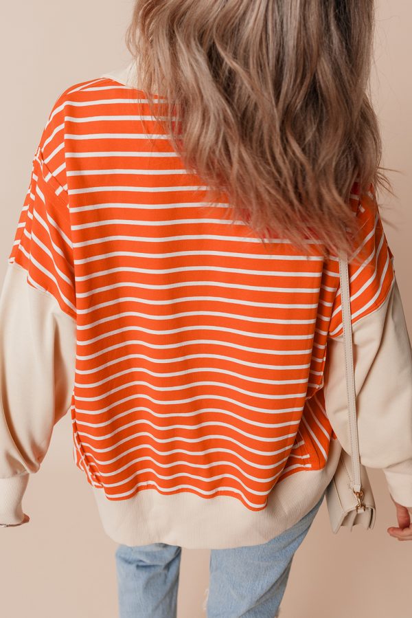 Orange Stripe Color Block Loose Fit Collared Drop Shoulder Sweatshirt - Image 2