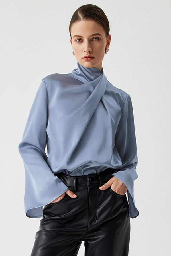 Ivy Asymmetric Pleated Turtleneck Bell Sleeve Blouse - Image 4