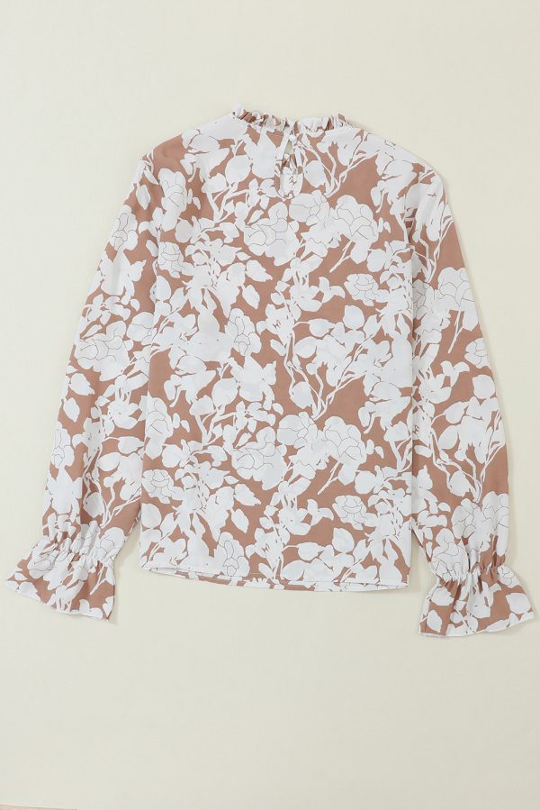 Light French Beige Floral Print Frilled Neckline Flounce Sleeve Blouse - Image 5