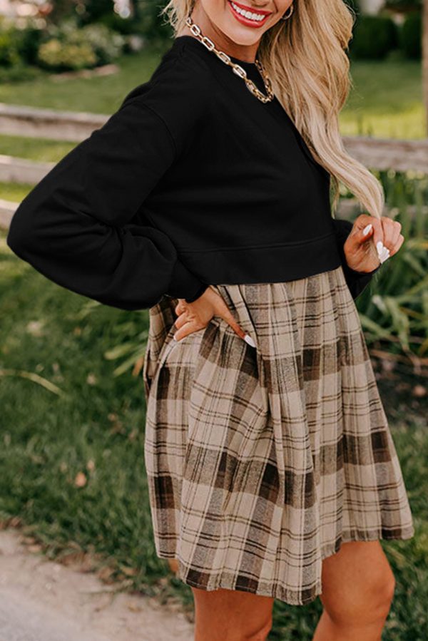 Black Plaid Patchwork High Waist Sweatshirt Mini Dress - Image 3