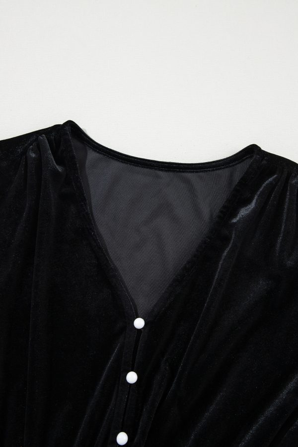 Black Velvet Buttoned Puff Sleeve V Neck Split Midi Dress - Image 7