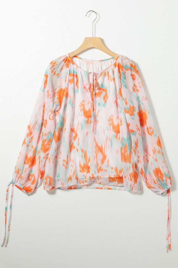 Multicolor Abstract Print Split Neck Puff Sleeve Blouse - Image 5