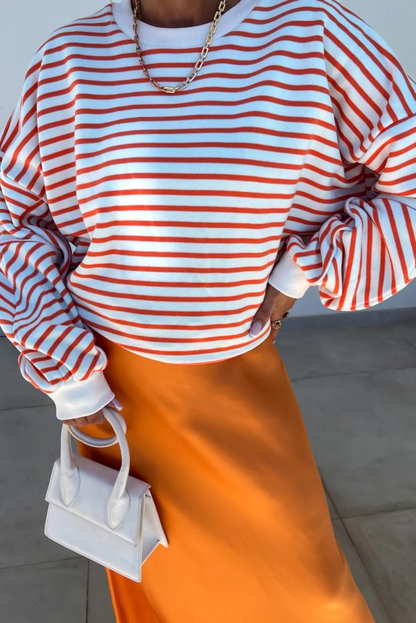 Orange Stripe Drop Shoulder Crew Neck Loose Sweatshirt - Image 5