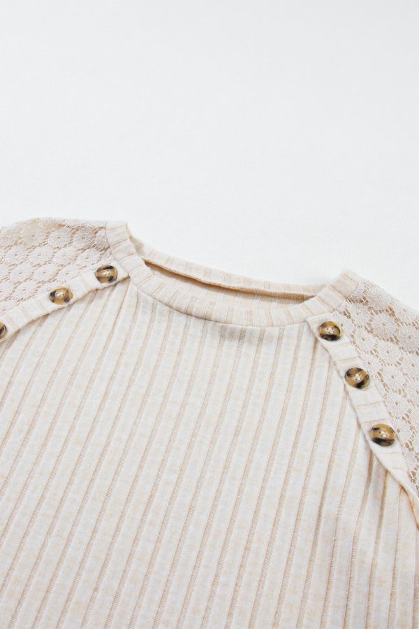 Parchment Contrast Lace Raglan Sleeve Buttoned Ribbed Top - Image 12