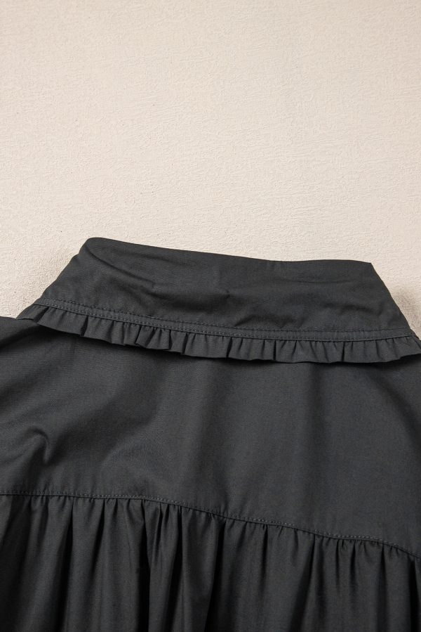 Black Shirt Style Button Down Puff Sleeve Ruffle Hem Dress - Image 8