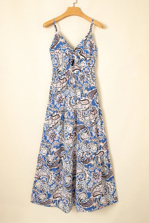 Blue Paisley Print Twist Detail Smocked Back Spaghetti Straps Long Dress - Image 2
