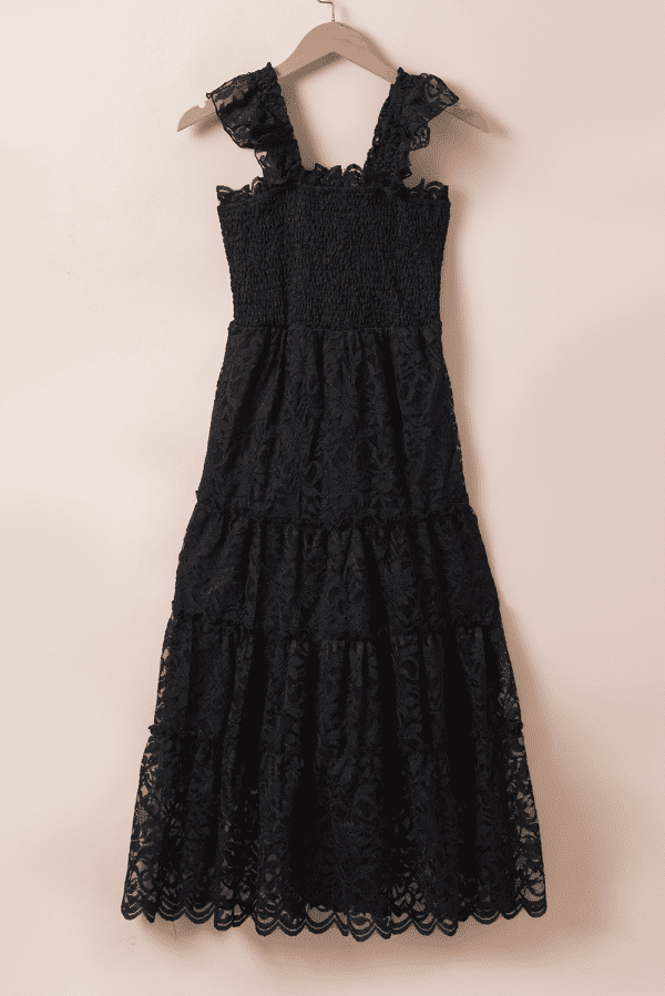 Black Lace Smocked Bodice Sleeveless Midi Dress - Image 5