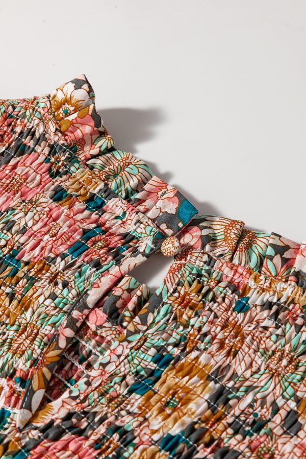 Yellow Floral Print Smocked Bubble Sleeve Ruffled Crop Top - Image 6
