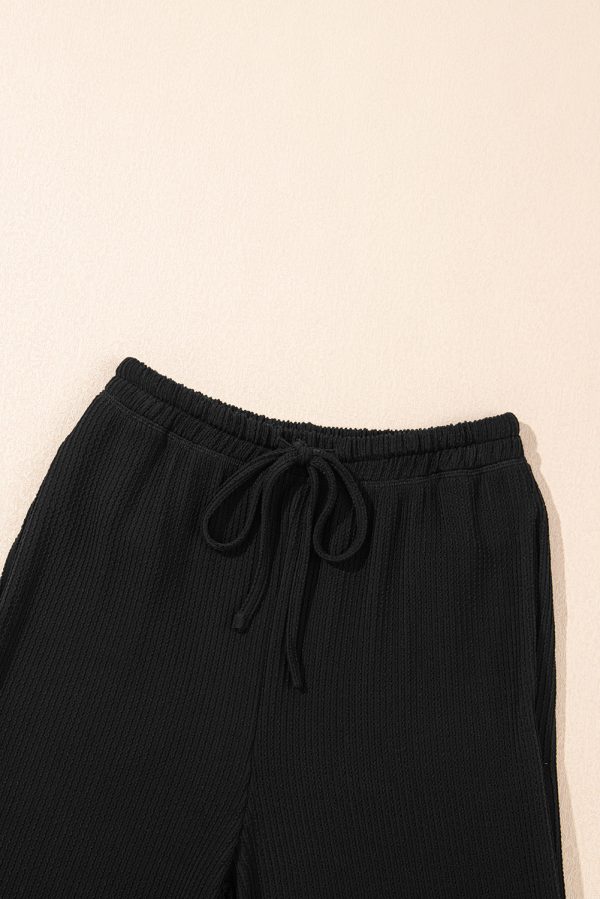 Navy Blue Solid Color Corded Short Sleeve Top and Casual Pants Set - Image 17