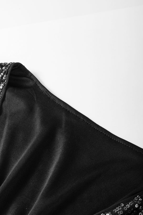 Black Sequined V Neck Wrapped Long Sleeve Romper - Image 11