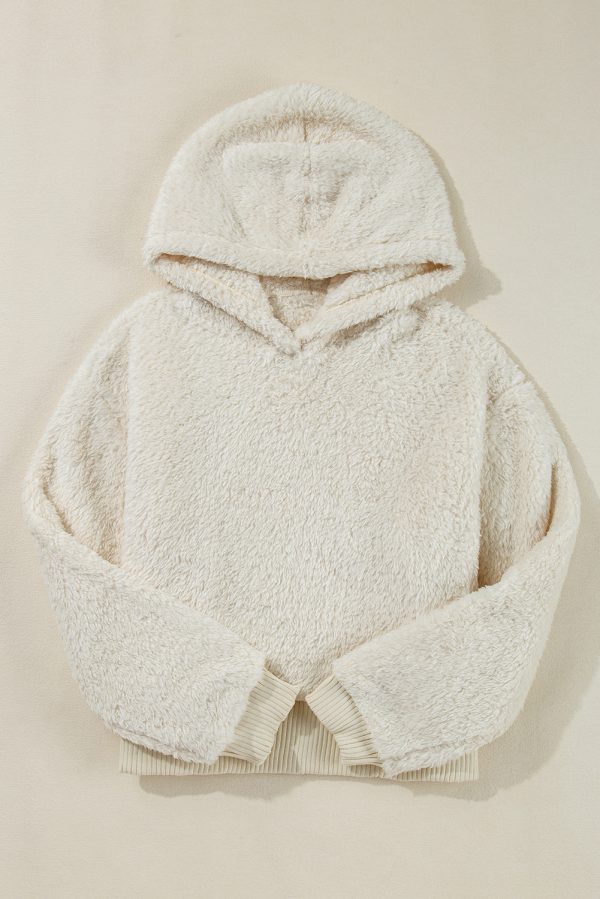 White Contrast Ribbed Edge Plush Hoodie - Image 4