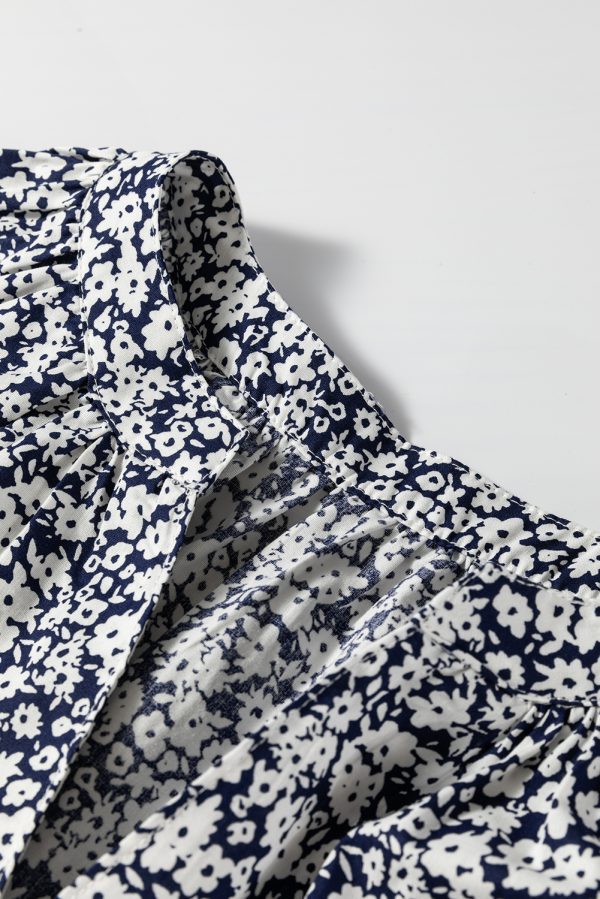 Blue Floral Print Notched V Neck Puff Sleeve Blouse - Image 6