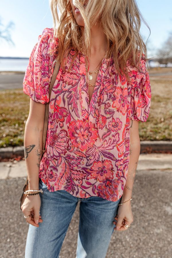 Red Floral Print Ruffled Puff Short Sleeve Blouse - Image 4