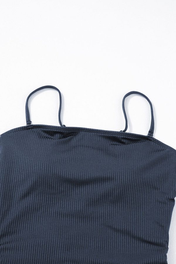Navy Blue Ribbed Drawstring Sides Cutout One Piece Swimsuit - Image 5