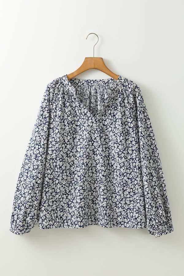 Blue Floral Print Notched V Neck Puff Sleeve Blouse - Image 4