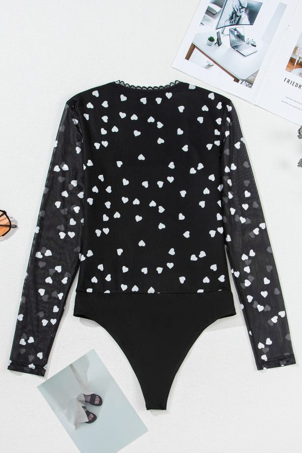 Black Heart Shape Mesh Patchwork Square Neck Bodysuit - Image 9
