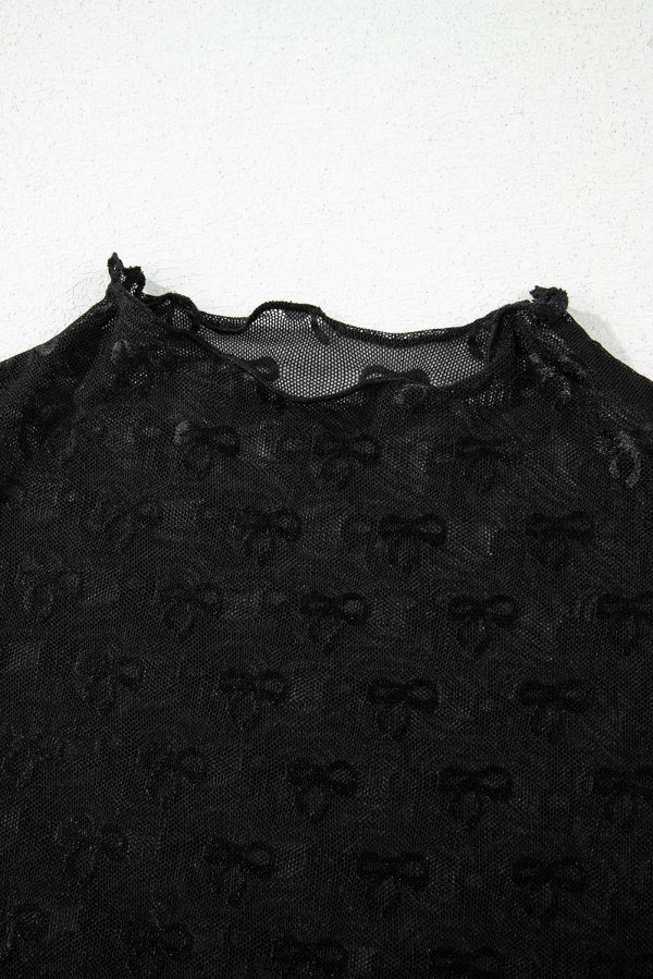 Black Bowknot Sheer Mesh Mock Neck Lettuce Trim Short Sleeve Top - Image 7