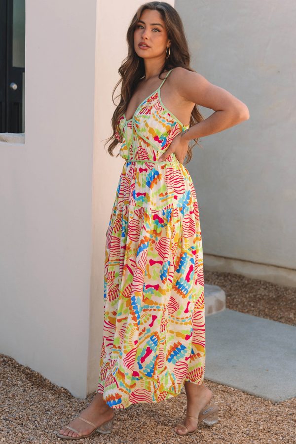 Orange Abstract Print Spaghetti Strap Piping Detail Maxi Dres - Image 3