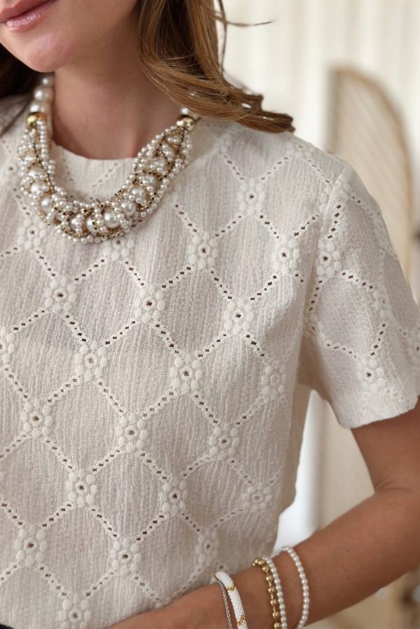 White Geometric Embroidered Slim Fit O Neck T Shirt - Image 5