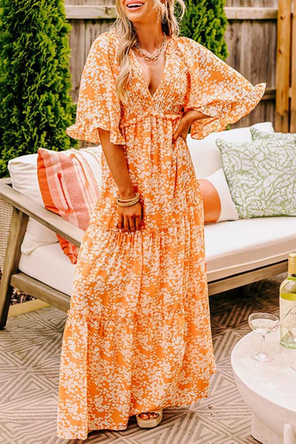 Orange Floral Print Smocked V Neck Wide Sleeve Maxi Dress - Image 5