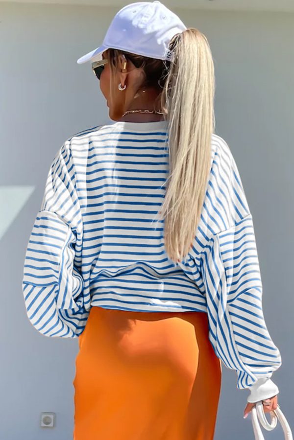 Orange Stripe Drop Shoulder Crew Neck Loose Sweatshirt - Image 12